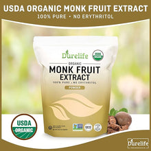 Load image into Gallery viewer, Durelife Organic 100% Pure Monk Fruit sweetener, No Erythritol, Monkfruit Extract Powder, USDA organic NON-GMO Project Verified, Keto Certified, OU kosher No Fillers Zero Calorie Sugar Substitute