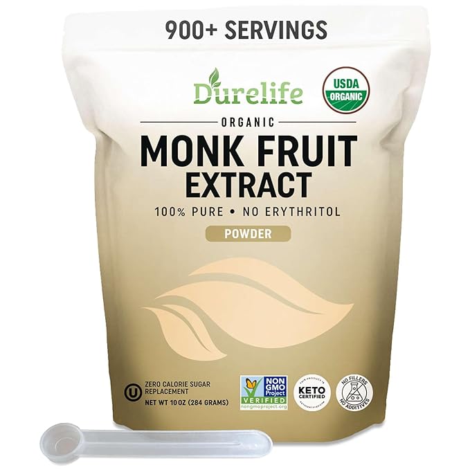 Durelife Organic 100% Pure Monk Fruit sweetener, No Erythritol, Monkfruit Extract Powder, USDA organic NON-GMO Project Verified, Keto Certified, OU kosher No Fillers Zero Calorie Sugar Substitute