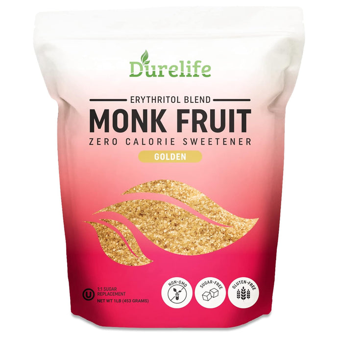 Durelife Golden Monk Fruit Sweetener, 1:1 Sugar Replacement, Keto Diet Friendly, Zero Calorie Sugar Substitute, Packaging May Vary