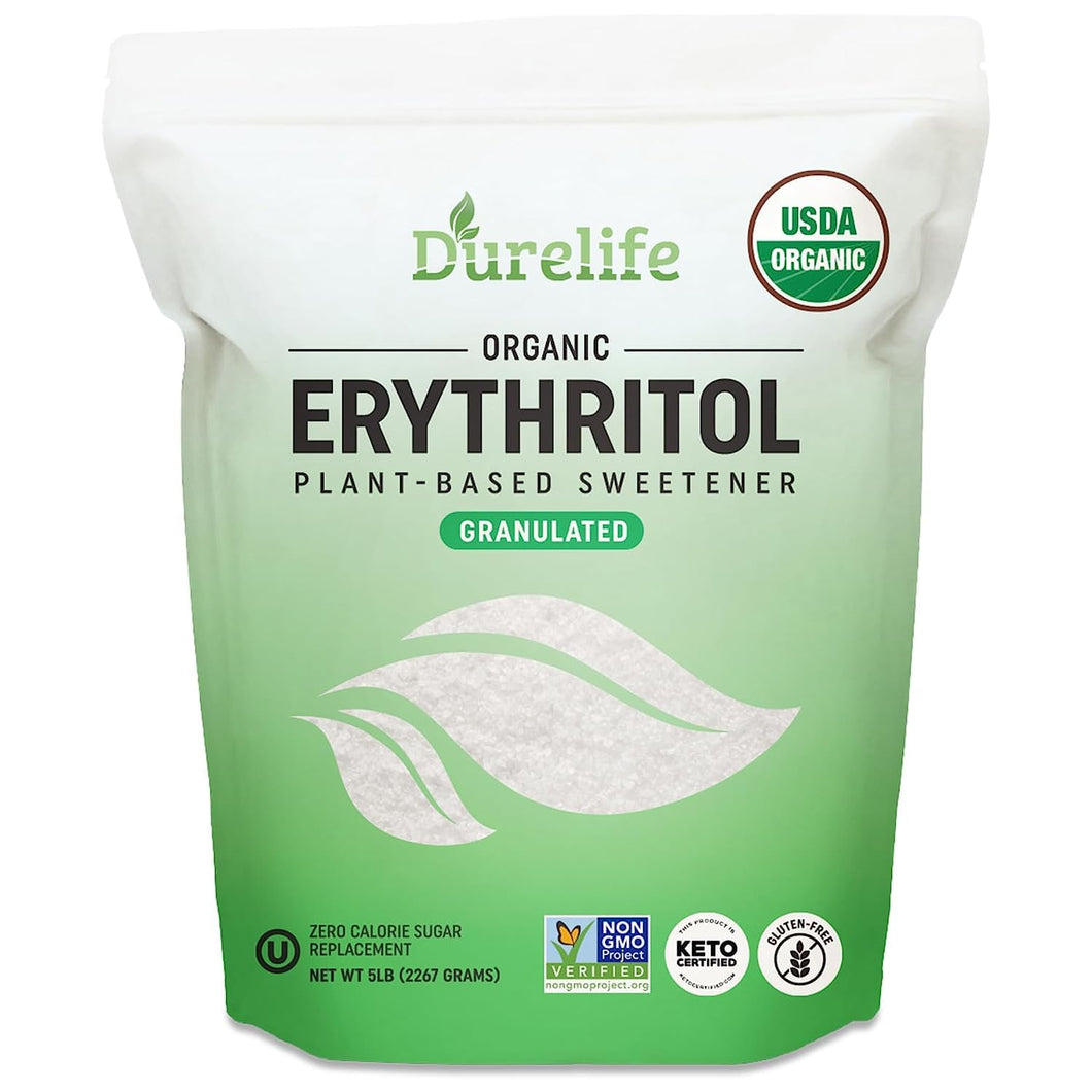 Durelife USDA organic erythritol sweetener, non gmo verified, Keto certified, No After Taste, Kosher, Zero Calorie Plant-Based Sugar Alternative