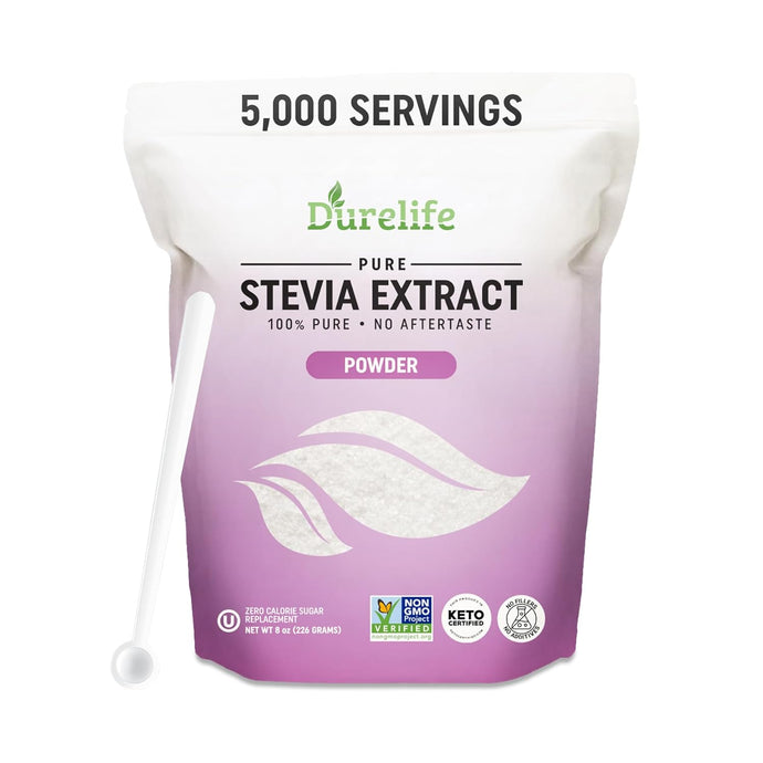 Durelife 100% Pure stevia extract sweetener | No Erythritol, NON-GMO Project Verified, No Fillers, Zero Calorie Sugar Substitute | No Aftertaste | Micro-Spoon Included | over 5000 servings